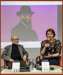 ...пионист Алексей Любимов и переводчица Елизавета Мирошникова на фоне какого-то композитора, которого они выдают за Эрика Сати (примерно так же как и свою книгу)...